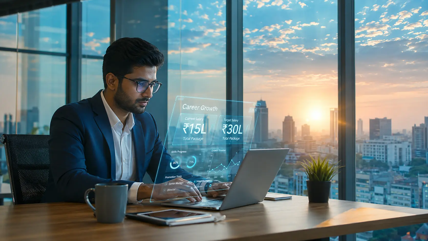 Confident Indian professional exploring high-paying AI jobs in India 2025 on a futuristic laptop at WhyWorkAI.