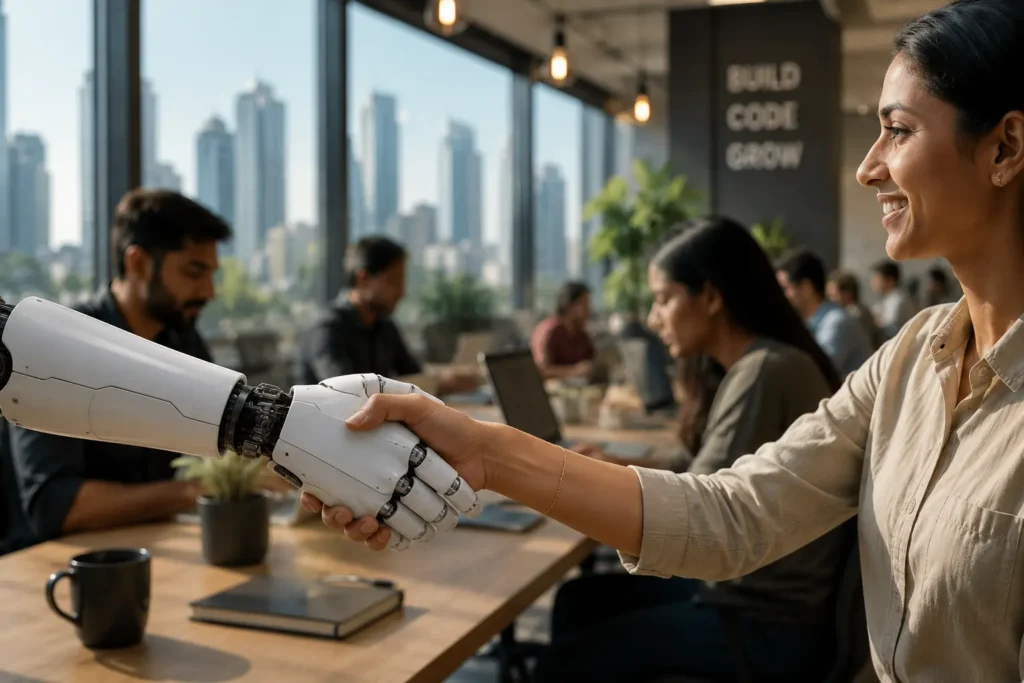 Future of work in India showing collaboration between human professionals and AI technology.