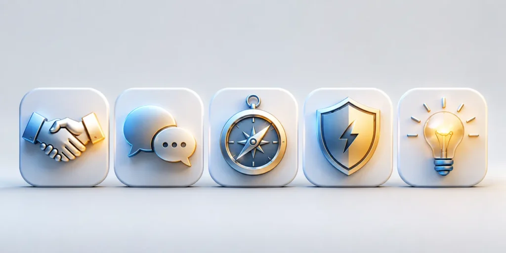 Icons representing 5 jobs AI will never replace — leadership, negotiation, judgment, crisis handling, creative strategy