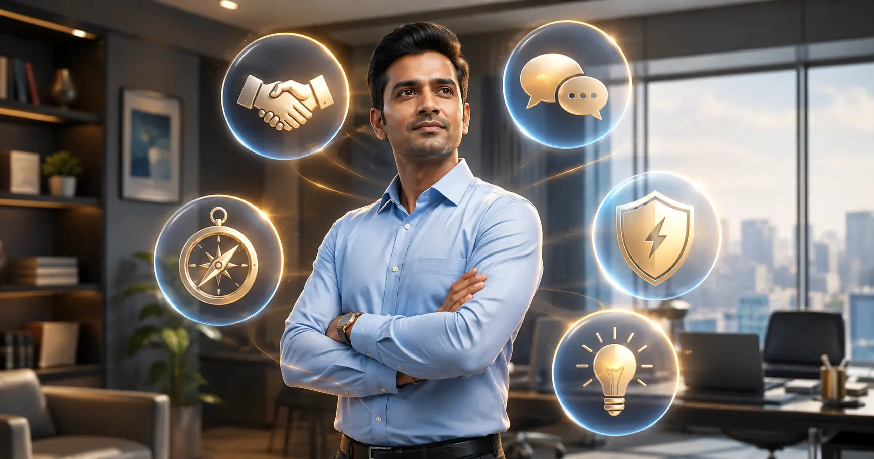 5 jobs AI will never replace — Indian professional with leadership, sales, and strategy icons