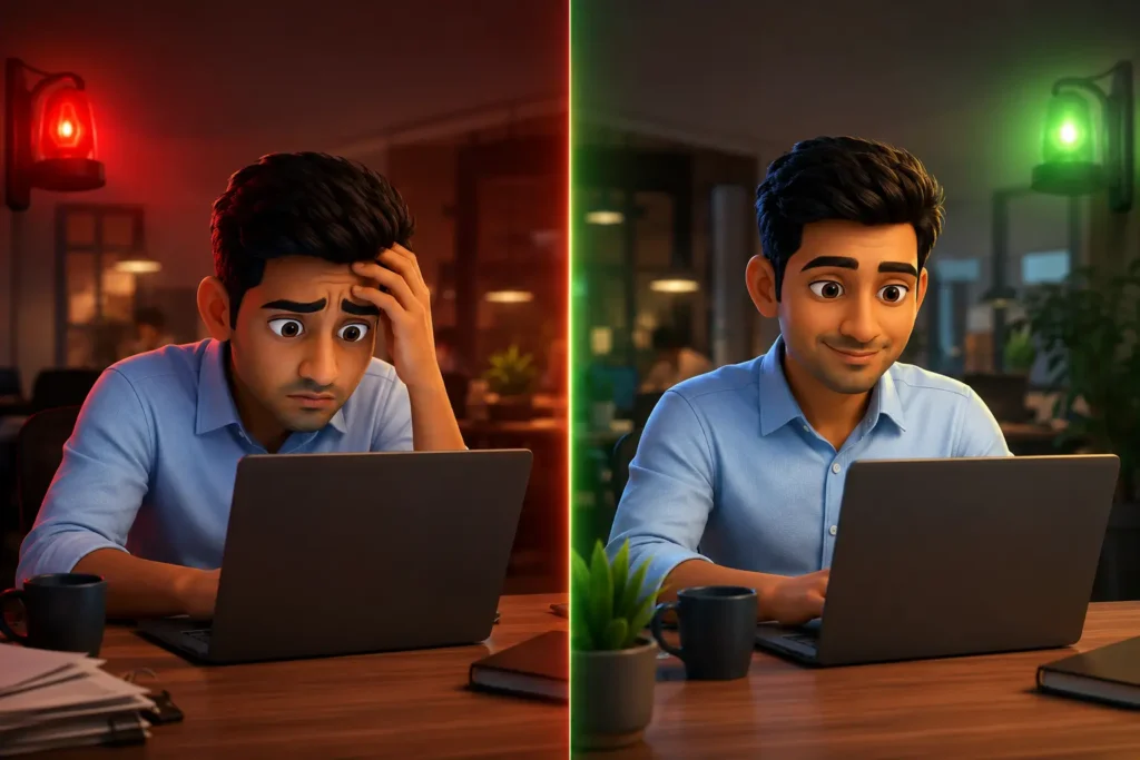 Indian employee transitioning from AI job insecurity to confidence after learning AI-proof skills